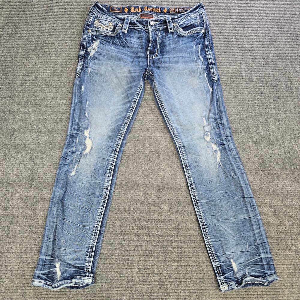 Rock Revival Yui Easy Straight Jeans Womens 32x30 Blue Distressed Bling